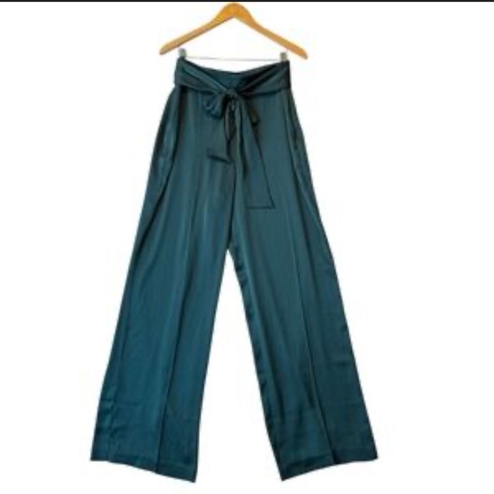 Express Teal Green Wide-Leg Paperbag Waist Pants with Self Tie
